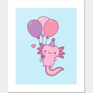 Cute Axolotl Holding Party Balloons Posters and Art